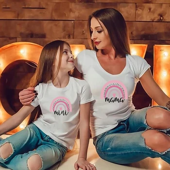 Одинаковые комплекты для семьи, Модная футболка для мамы и детей, Одинаковая одежда для мамы и детей, Летняя одежда для мамы и дочки