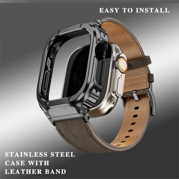 Металлический Корпус + Ремешок Из Натуральной Кожи Для Apple Watch Band 49мм 45мм 44мм 40мм 41мм 45мм браслет iwatch series se 8 7 6 5 4 ultra 49