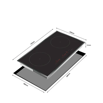 Черная керамическая стеклянная Горизонтальная гладкая индукционная варочная панель с 2 конфорками и усилителем каждой конфорки