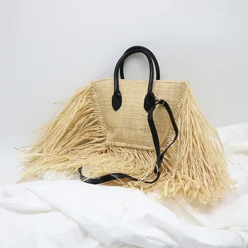 Модная новая соломенная сумка из меха рафии через плечо, черно-белая пляжная сумка через плечо