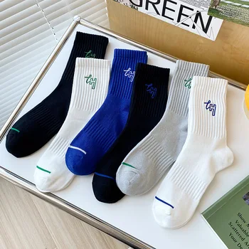 Хлопчатобумажные носки с вышитыми буквами, женские повседневные длинные носки в Корейском стиле, мужские студенческие носки Японской моды, однотонные носки для велоспорта, спортивные носки