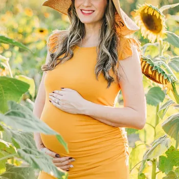 Платья для беременных, летние эластичные летящие рукава, сбоку с рюшами, облегающее платье для беременных, одежда для беременных женщин