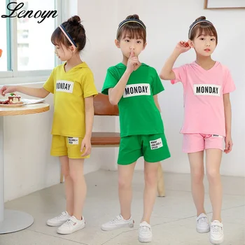 Детский хлопковый комплект Lenoyn с коротким рукавом, Летняя детская футболка для мужчин и женщин с V-образным вырезом