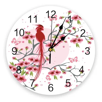 Розовая Сакура Птицы Бабочка Вишня Цветет Декоративные Круглые Настенные Часы Нестандартного Дизайна, Не Тикающие Бесшумные Комнатные Большие Настенные Часы