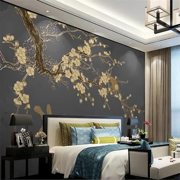 изготовленная на заказ крупномасштабная фреска wellyu красивая ручная роспись в новом китайском стиле с цветами и птицами золотая рельефная линия диван фон стена