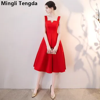 Красное платье подружки невесты Mingli Tengda С V-образным вырезом На тонких бретельках, Элегантное Атласное Платье, Красный халат demoiselle d'honneur