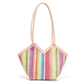 Женская стильная сумка для летнего отдыха в стиле бохо из радужной соломы на одно плечо, красочная женская сумка-тоут в богемном стиле на пляже