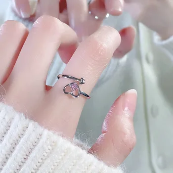 Модное металлическое открытое кольцо с розовым кристаллом циркона в форме сердца для женской свадьбы, ювелирный подарок