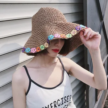 Японская милая соломенная шляпа с яркими цветами, женские летние солнцезащитные шляпы с большими карнизами, Литературный пляжный отдых, Складная кепка для бассейна