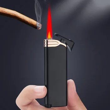 Модная зажигалка с красным пламенем, Ультратонкий металлический факел, Зажигалки для сигарет, Надувная Газовая Бутановая Зажигалка для сигар