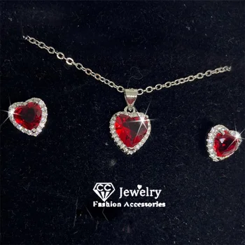Набор украшений CC Heart Для женщин, Красный циркониевый камень, Белое Позолоченное Ожерелье с подвеской Love, Наборы сережек, Модный аксессуар