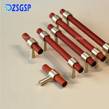 DZSGSP Легкая роскошная латунь + массивные ручки для кухонных шкафов Т-образные дверные ручки из розового дерева, деревянная ручка для выдвижных ящиков