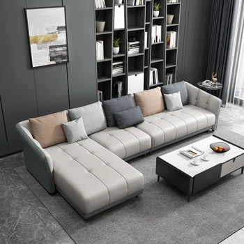 Sofa Kulit Impor Nordic Ruang Tamu Sederhana Modern Keluarga Kecil Bantalan Spons Rebound Tinggi Tas Mebel