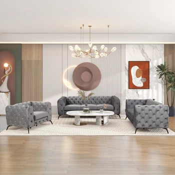 Комплекты диванов из 3 частей с прочными металлическими ножками, диваны с бархатной обивкой, включая трехместный диван, диванчик для двоих и Одноместный стул