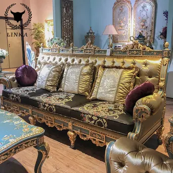Роскошная вилла во французском дворцовом стиле, бытовая тяжелая промышленность из массива дерева, резная золотая фольга, диван в гостиной