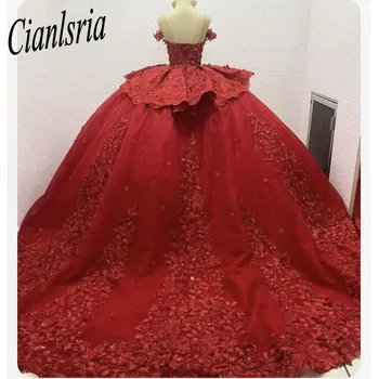 Красное бальное платье, пышные платья, аппликации, бусины, жемчуг, с открытыми плечами, платье Sweet 16 Vestido De 15 Anos на шнуровке