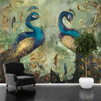 Простые в скандинавском стиле два павлина, картина маслом в европейском стиле, синие 3D цветы, гостиная, спальня, самоклеящиеся обои на заказ