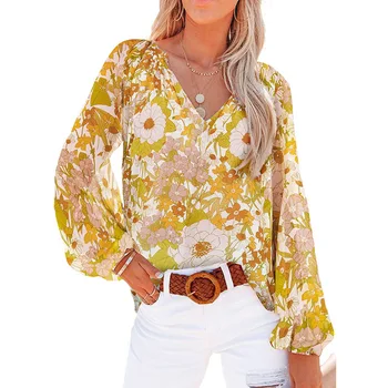 2023 Женская блузка с длинным рукавом с принтом, V-образный вырез, пляжный стиль, повседневные женские рубашки, Европейский стиль, весна-лето