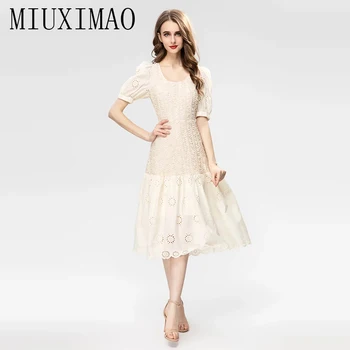 MIUXIMAO 2023 Высококачественное весенне-летнее платье с рюшами, коротким рукавом и круглым вырезом, однотонное модное длинное платье в складку, женское платье-вестид
