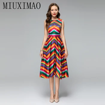 MIUXIMAO 2023 Высококачественное весенне-летнее элегантное платье без рукавов с круглым вырезом, радужное модное женское платье длиной до колен, Vestide