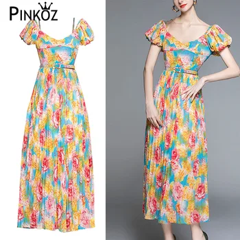 Дизайнерский стиль Pinkoz, оборки с цветочным принтом, бабочка, короткий рукав, цветочные летние повседневные макси-плиссированные платья, бохо-халат, vestidos