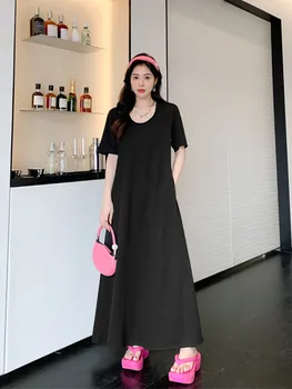 Летнее новое удлиненное платье 2023, женское платье с U-образным вырезом и вафлями, с широким низом, с коротким рукавом, большого размера