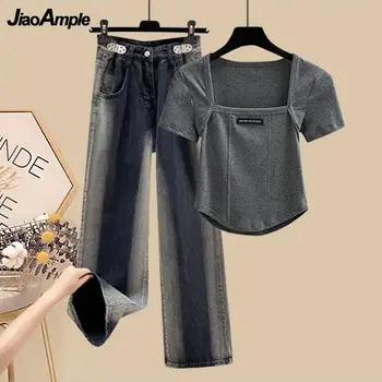 Женский джинсовый костюм 2023, летний Новый Корейский элегантный топ с коротким рукавом и квадратным вырезом + джинсовые брюки с высокой талией, комплект из двух предметов в тон.