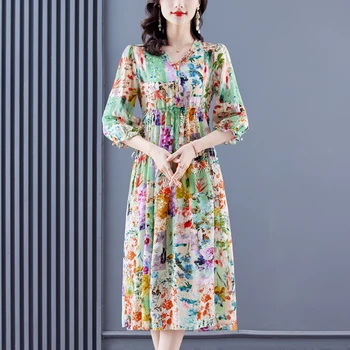 Корейская версия Богемного шифонового платья с принтом 2023, Модная Женская свободная и тонкая юбка большого размера с цветочным рисунком длиной до колен