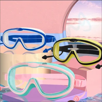 2023 Детские плавательные очки в большой оправе, HD противотуманные очки, силиконовые затычки для ушей, встроенные водонепроницаемые очки для плавания и дайвинга