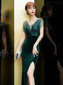 Продвинутое Зеленое Вечернее Платье для Женщин 2023, Новый Стиль, Элегантное, Легкая Роскошь, Небольшая Толпа, Высококлассное Платье с Высоким Вырезом в виде Рыбьего Хвоста