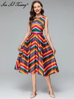 Seasixiang, модельер, Весенне-летнее Женское платье Миди с круглым вырезом, без рукавов, с принтом в хрустальную полоску, уличные платья