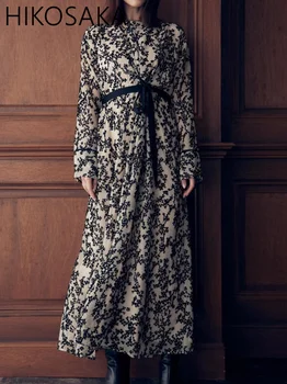 Винтажные платья с длинными рукавами и цветочным рисунком, женские платья с круглым вырезом и поясом, тонкий халат трапециевидной формы, женские осенние японские элегантные платья 2023 года.