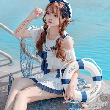Японское аниме девушка Каваи Косплей костюм школьница Сукумидзу Лента боди бандаж Женский темно-синий купальник