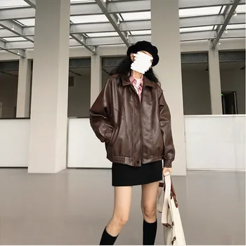 Осенняя новая куртка из искусственной коричневой кожи, женское винтажное мотоциклетное пальто на молнии, женская Корейская свободная уличная одежда, верхняя одежда куртка женская