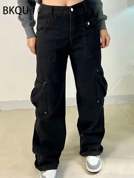 BKQU/ Черные женские брюки-карго, винтажные Мешковатые джинсы с широкими штанинами, уличная одежда 90-х, Прямые брюки с карманами и низкой талией, комбинезоны