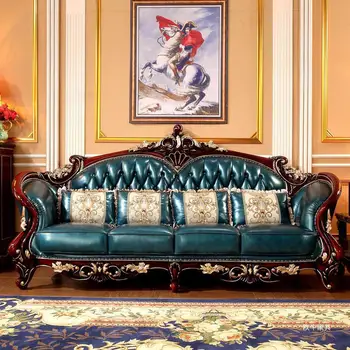 Европейский кожаный диван из массива дерева, сочетание диванов для гостиной из красного сандалового дерева 123 Американская мебель