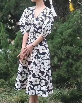 Женское Длинное Платье из 100% хлопка с коротким рукавом и цветочным принтом, V-образный вырез, завязки на талии