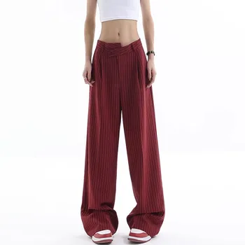 WCFCX американская студия винтажные полосатые Женские брюки Y2k брюки Уличная мода женщины брюки асимметричный дизайн талии для женщин 