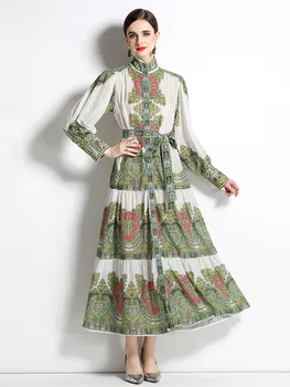 2023 Новое модное богемное платье Женская водолазка с рукавом-фонариком, шифоновый халат с винтажным принтом, свободный пояс, халат на шнуровке, Vestidos