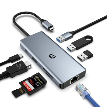 Концентратор USB C, адаптер USB C 8 в 1 с двойным дисплеем 4K HDMI, Док-станция USB C для MacBook Pro / Air (Гигабитный Ethernet, 5 Гбит /с)