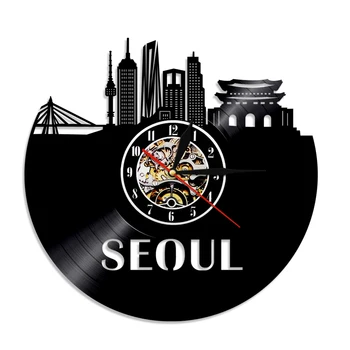 Декоративные настенные часы Seoul Skyline Art Современный дизайн Городской пейзаж столицы Кореи Виниловая пластинка Настенные Часы Уникальные Подарки для путешествий