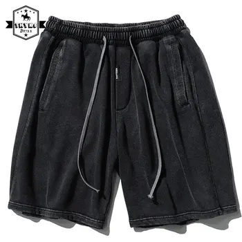 Мужские летние потертые шорты, выстиранные японские ретро Хип-хоп Уличные брюки Y2k, Черные Свободные повседневные мужские короткие Homme с завязками
