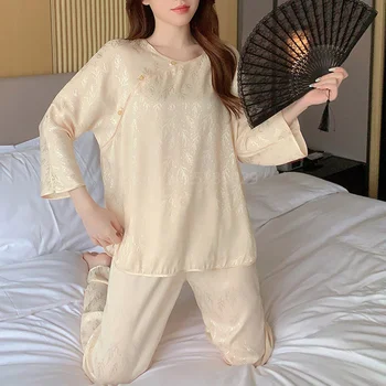 Китайский пижамный костюм нового стиля, женская пижама из вискозы, сексуальная жаккардовая пижама из 2 предметов, домашняя одежда на пуговицах, винтажная домашняя одежда на пуговицах