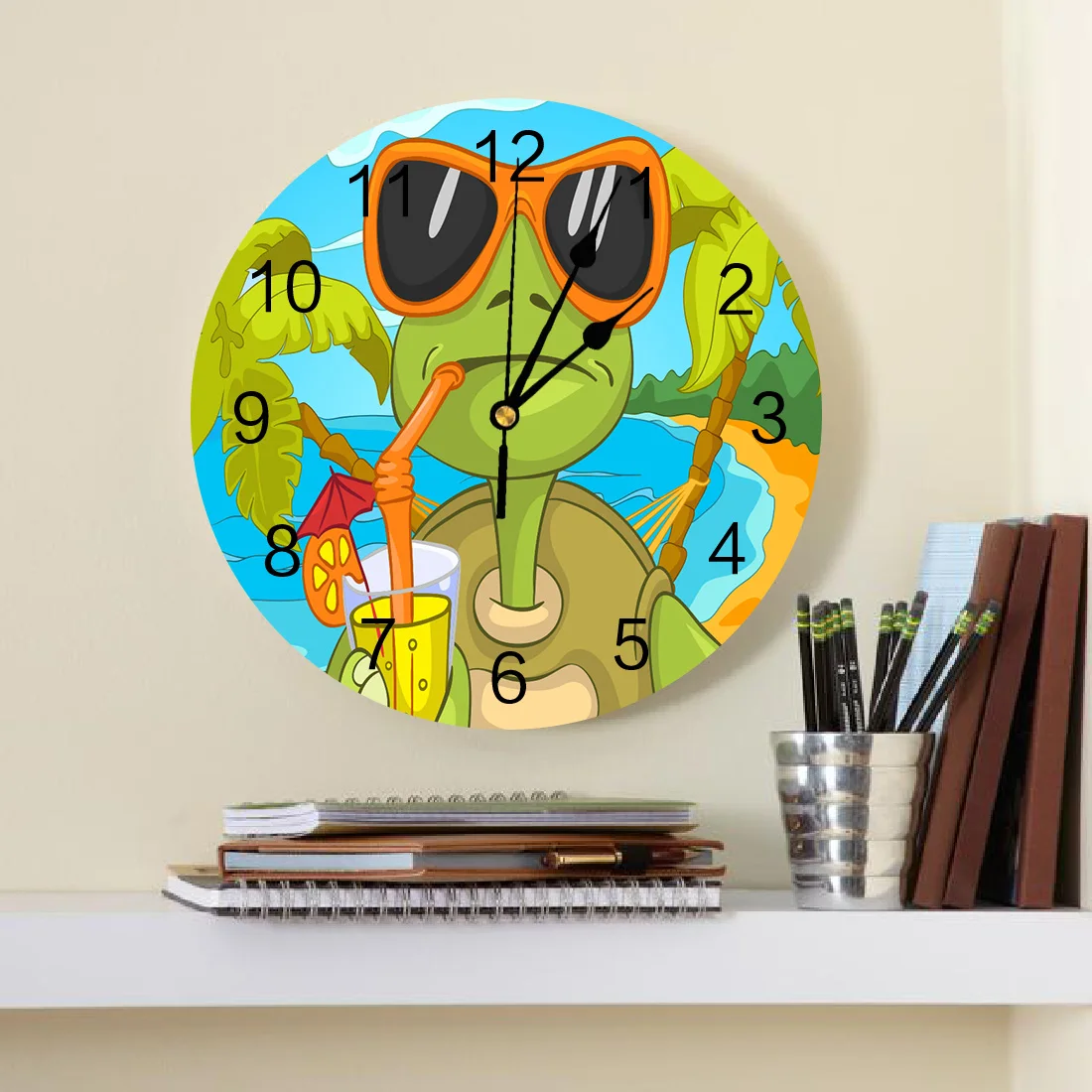 Мультяшная Черепаха, Отпуск, Декоративные Круглые настенные часы, дизайн с арабскими цифрами, Не Тикающие Настенные часы, Большие для спальни, ванной комнаты