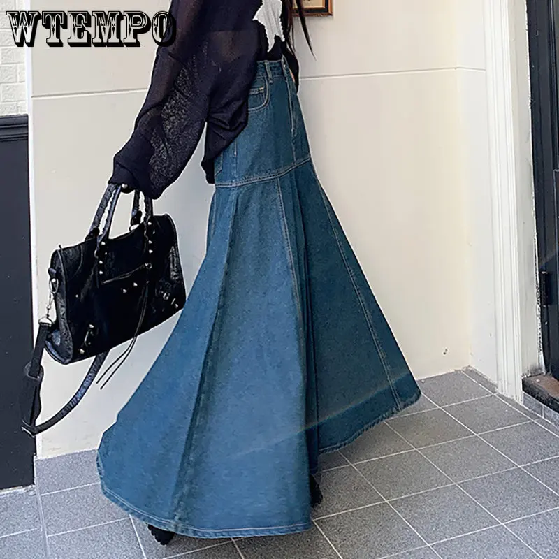 WTEMPO/ Длинная винтажная синяя джинсовая юбка, женская весенне-осенняя модная элегантная универсальная юбка с высокой талией в виде рыбьего хвоста, уличная одежда Оптом