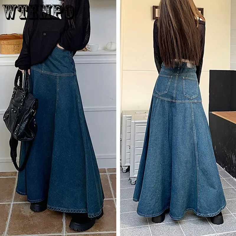 WTEMPO/ Длинная винтажная синяя джинсовая юбка, женская весенне-осенняя модная элегантная универсальная юбка с высокой талией в виде рыбьего хвоста, уличная одежда Оптом