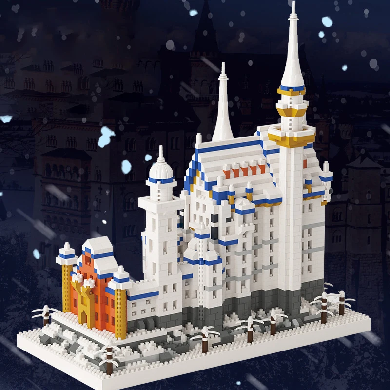 Архитектура Мини-мира Снежный Новый Лебединый Каменный замок со светодиодной подсветкой, Алмазные блоки, Кирпичи, Строительная игрушка для детей Без коробки