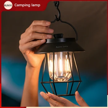 1шт Светодиодная лампа для кемпинга, Ретро Портативный Фонарь для кемпинга, Металлический Подвесной фонарик, перезаряжаемый Теплый Белый Свет, Наружный свет для палатки