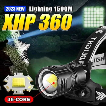 XHP360 Head LED Light, мощная светодиодная фара 18650 Type-C, перезаряжаемая фара 7800 мАч, налобный фонарь для рыбалки, кемпинга, головной фонарь