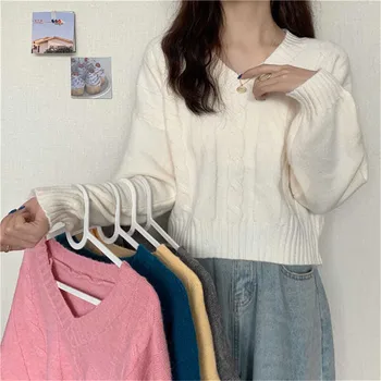 Осень-Весна, Новый Корейский стиль, Простая одежда с длинным рукавом, Вязаный укороченный Базовый топ, Модный пуловер с V-образным вырезом, Женский свитер